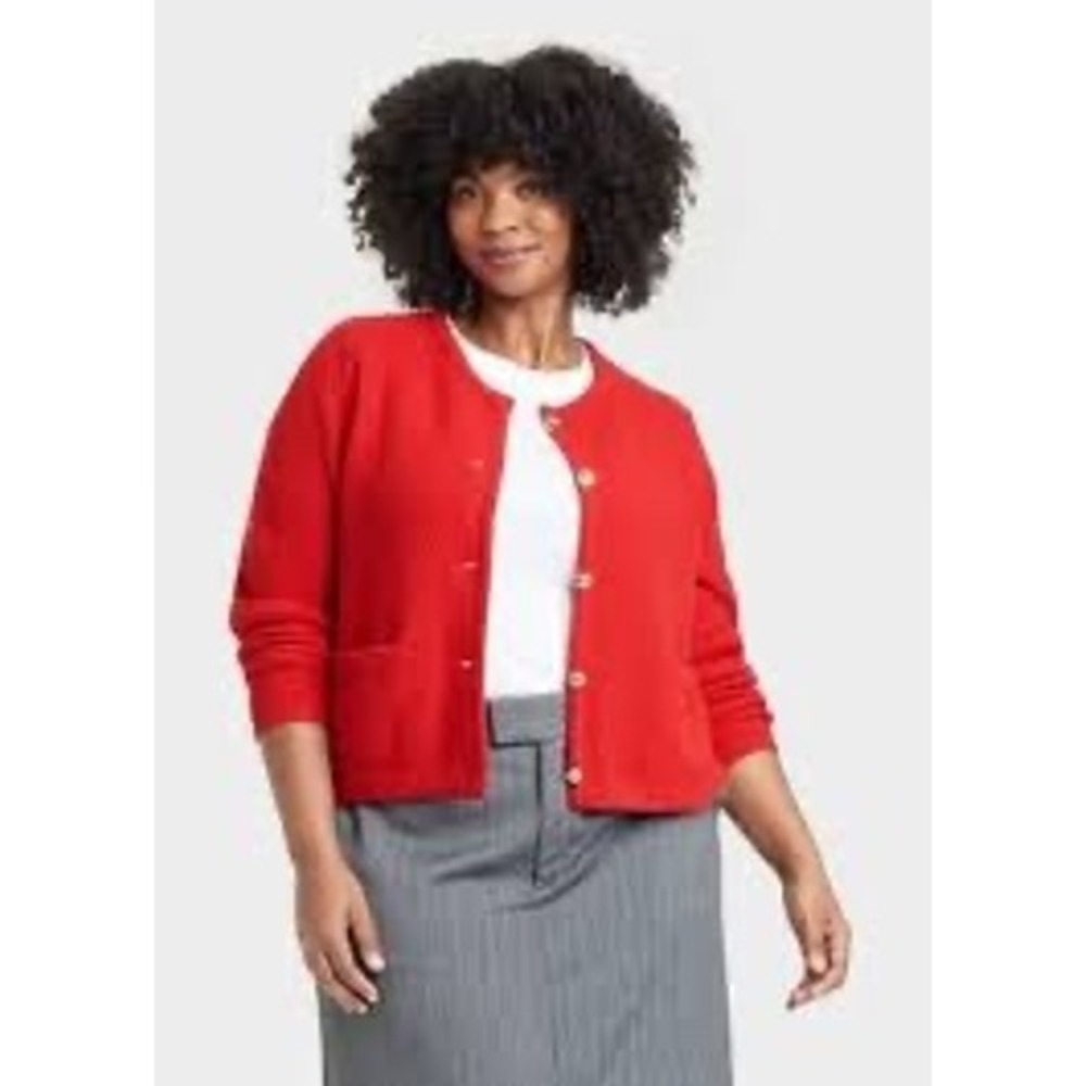 A New Day Women Red Button Front Cardigan Sweater Long Sleeve Crew Neck Knit Top